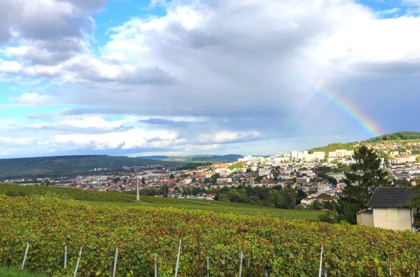 Vue sur les vignobles rt le village depuis le gite l’échappée Bulles en Champagne. Location de gîtes vacances chez Gites Flo.