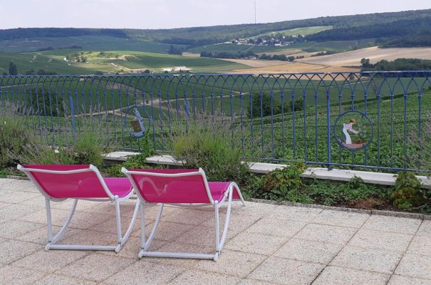 Terrasse du gite Flor'EsSens en Champagne avec vue imprenable sur les vignobles.